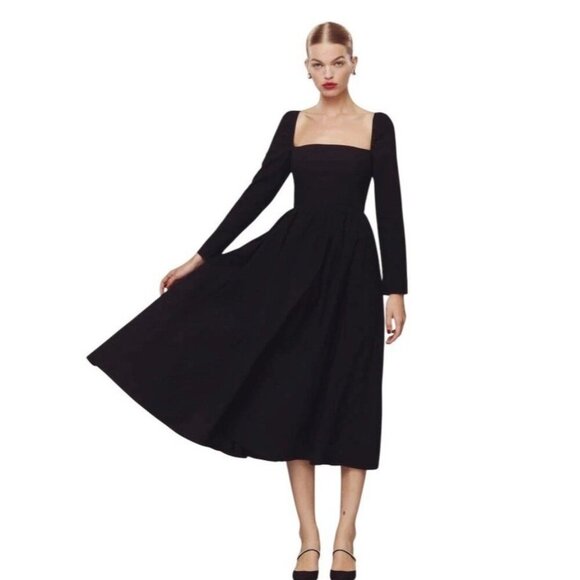 Reformation Elly Dress Black Size 0 Long Sleeve Midi Square Neck Cottagecore NEW - Picture 1 of 14